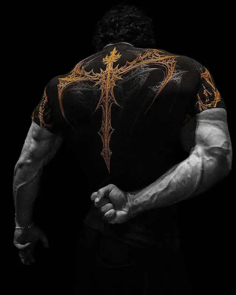 New Summer GYM T-Shirt Men'S Gothic Print Muscle Tee High Elasticity and Quick Drying Exercise for Bodybuilding Training T-Shirt