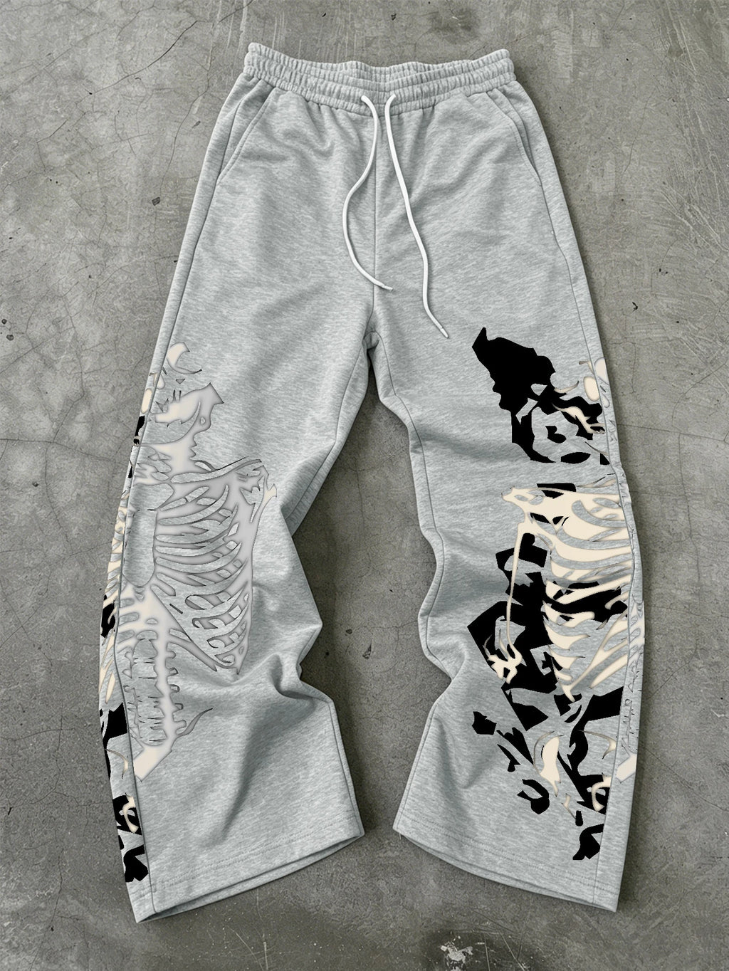 Men's Gothic Skeleton Ribcage Graphic Baggy Sweatpants - Stylish Loose Fit Drawstring Joggers in Black and Grey