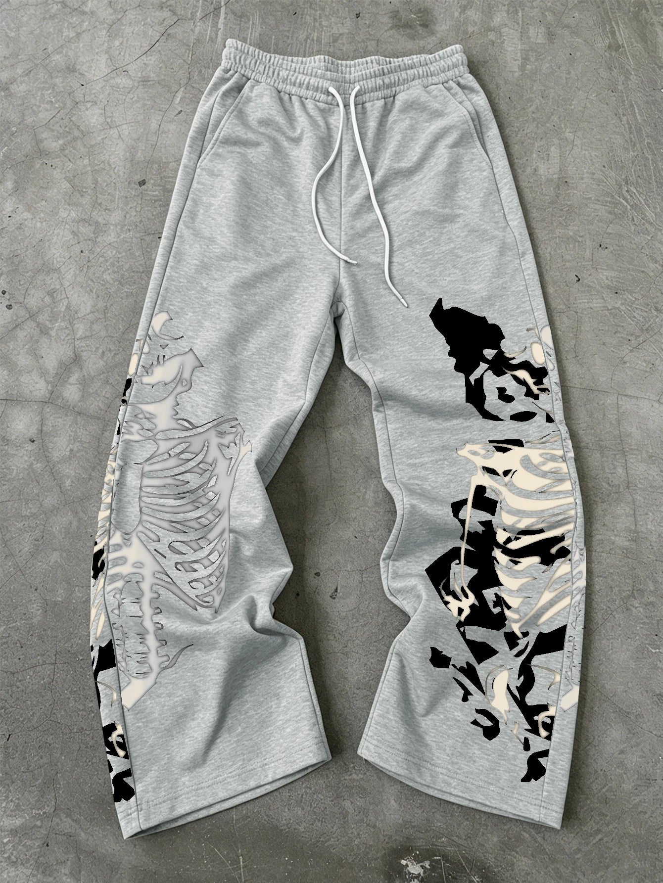 Men's Gothic Skeleton Ribcage Graphic Baggy Sweatpants - Stylish Loose Fit Drawstring Joggers in Black and Grey