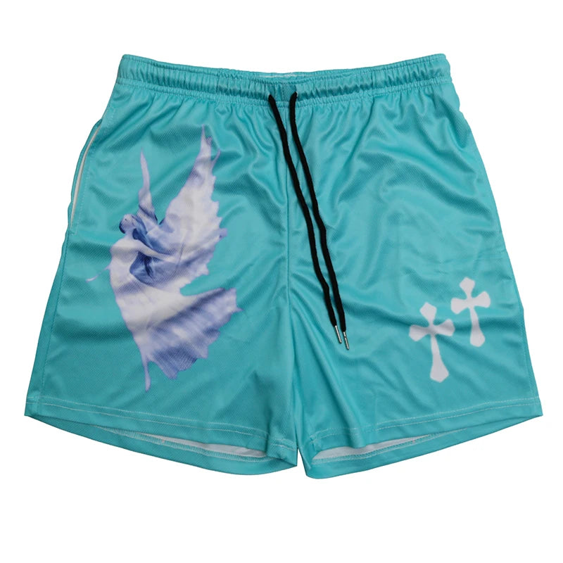 Y2K Christian Angel Cross Print Gym Shorts for Men Active Track Shorts with Pockets Athletic Workout Training Running Jogging