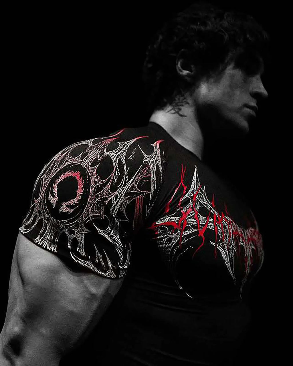 New Summer GYM T-Shirt Men'S Gothic Print Muscle Tee High Elasticity and Quick Drying Exercise for Bodybuilding Training T-Shirt
