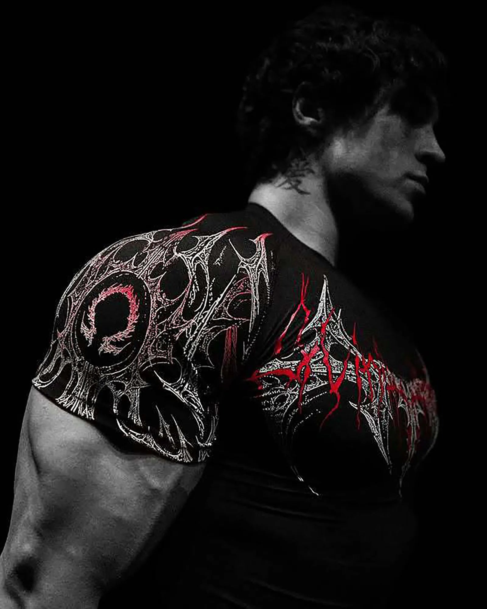 New Summer GYM T-Shirt Men'S Gothic Print Muscle Tee High Elasticity and Quick Drying Exercise for Bodybuilding Training T-Shirt