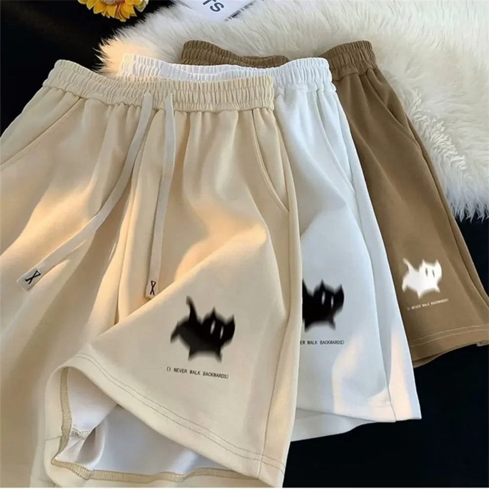 Oversized Shorts Women Gaussian Blur Scares Kittens Print Short Y2K Street Couple Five-Point Elastic High Waist Basketball Short