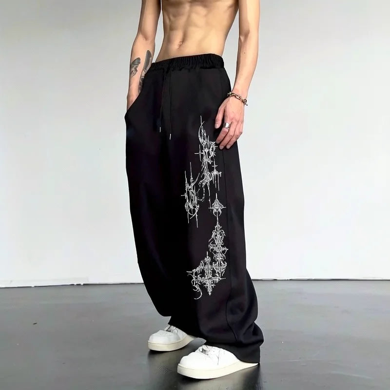 Y2K Gothic Dragon Print Loose Wide Leg Sweatpants Drawstring Trousers Unisex Casual Streetwear Sports Joggers Pants Wear