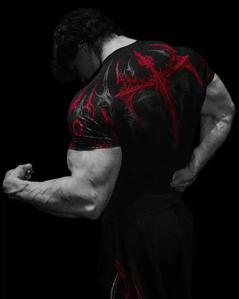 New Summer GYM T-Shirt Men'S Gothic Print Muscle Tee High Elasticity and Quick Drying Exercise for Bodybuilding Training T-Shirt