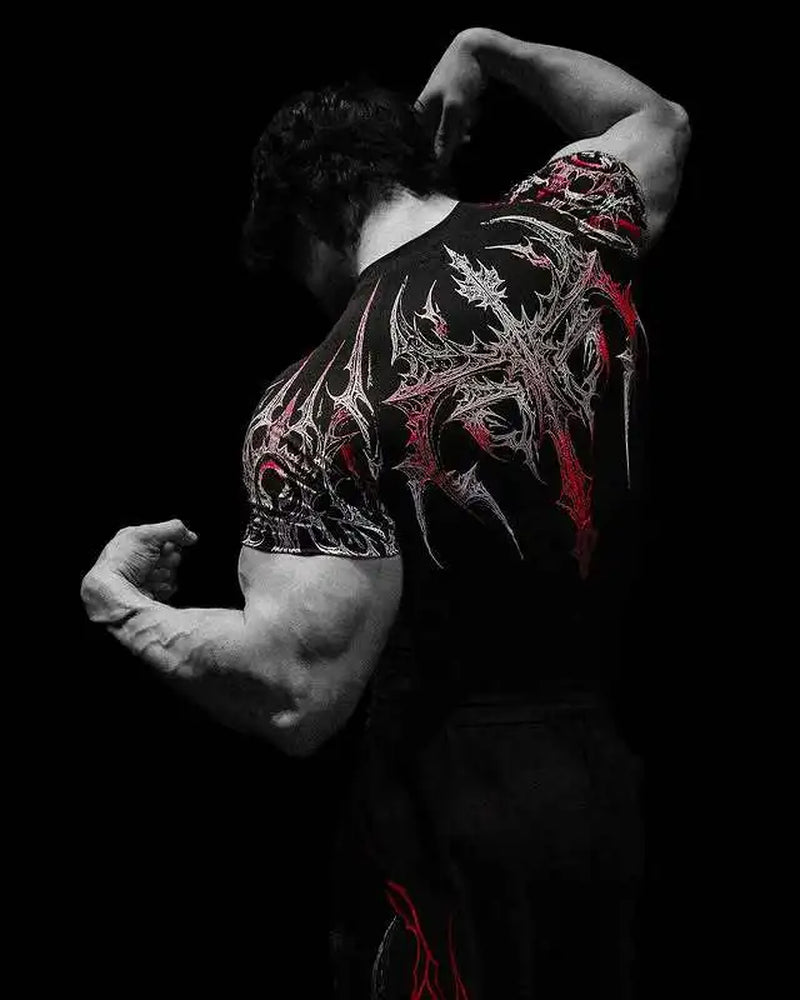 New Summer GYM T-Shirt Men'S Gothic Print Muscle Tee High Elasticity and Quick Drying Exercise for Bodybuilding Training T-Shirt