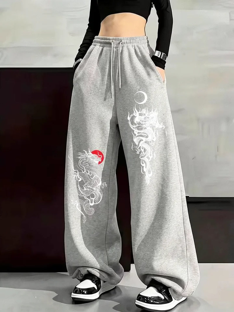 Y2K Gothic Dragon Print Loose Wide Leg Sweatpants Drawstring Trousers Unisex Casual Streetwear Sports Joggers Pants Wear