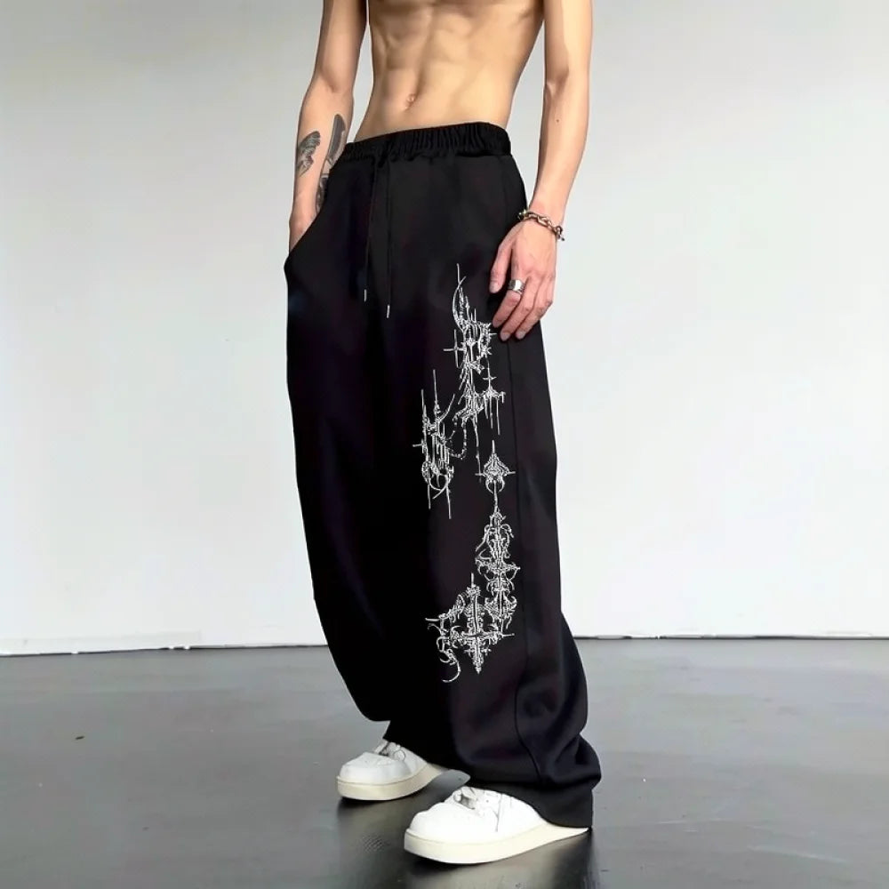 Y2K Gothic Dragon Print Loose Wide Leg Sweatpants Drawstring Trousers Unisex Casual Streetwear Sports Joggers Pants Wear