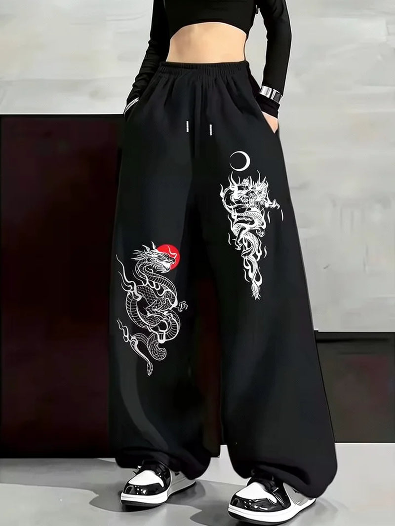 Y2K Gothic Dragon Print Loose Wide Leg Sweatpants Drawstring Trousers Unisex Casual Streetwear Sports Joggers Pants Wear