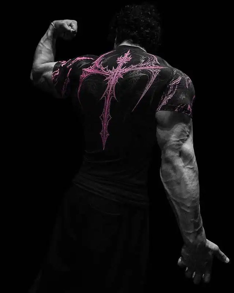 New Summer GYM T-Shirt Men'S Gothic Print Muscle Tee High Elasticity and Quick Drying Exercise for Bodybuilding Training T-Shirt