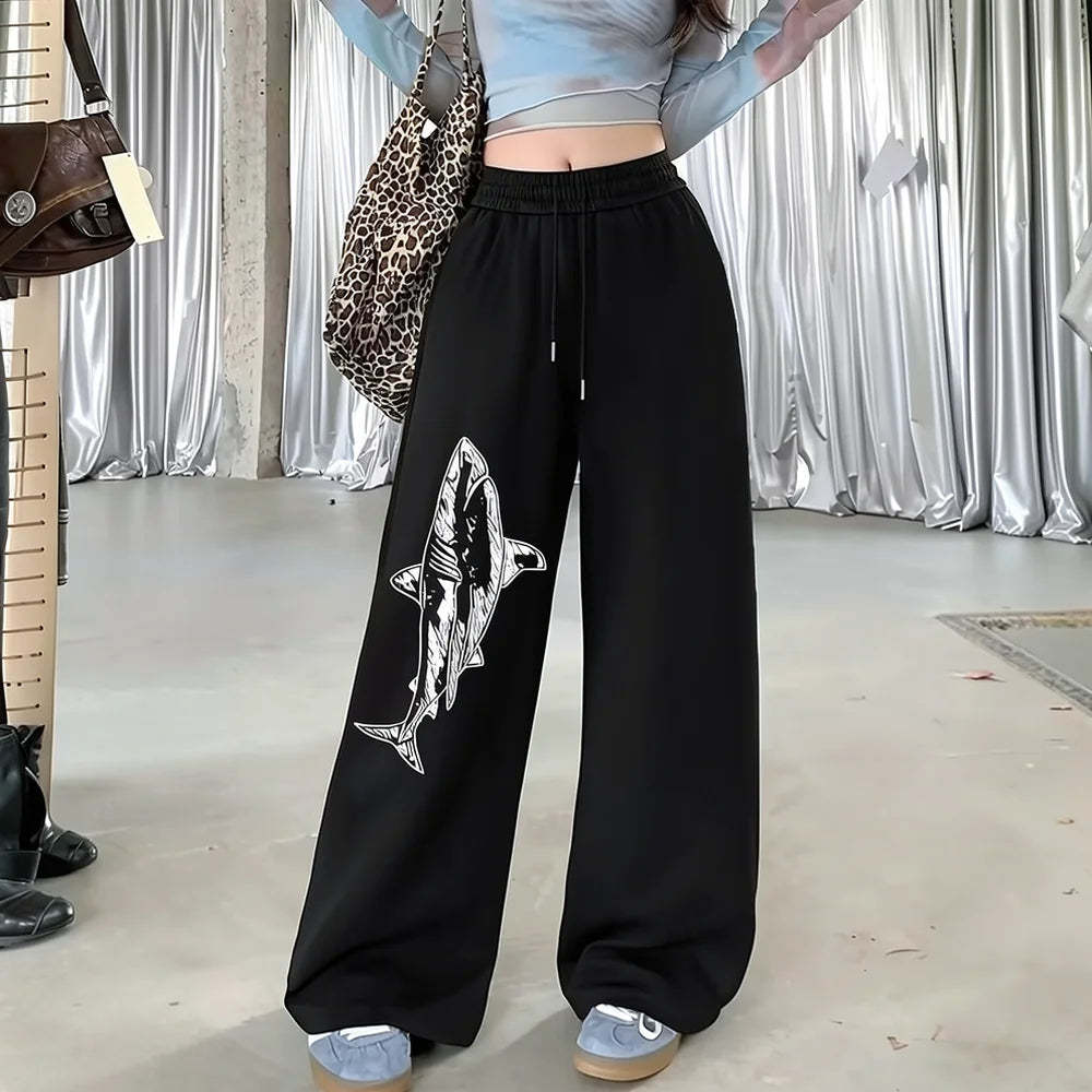 Y2K Gothic Dragon Print Loose Wide Leg Sweatpants Drawstring Trousers Unisex Casual Streetwear Sports Joggers Pants Wear