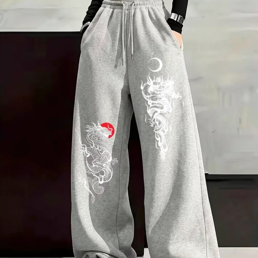 Y2K Gothic Dragon Print Loose Wide Leg Sweatpants Drawstring Trousers Unisex Casual Streetwear Sports Joggers Pants Wear