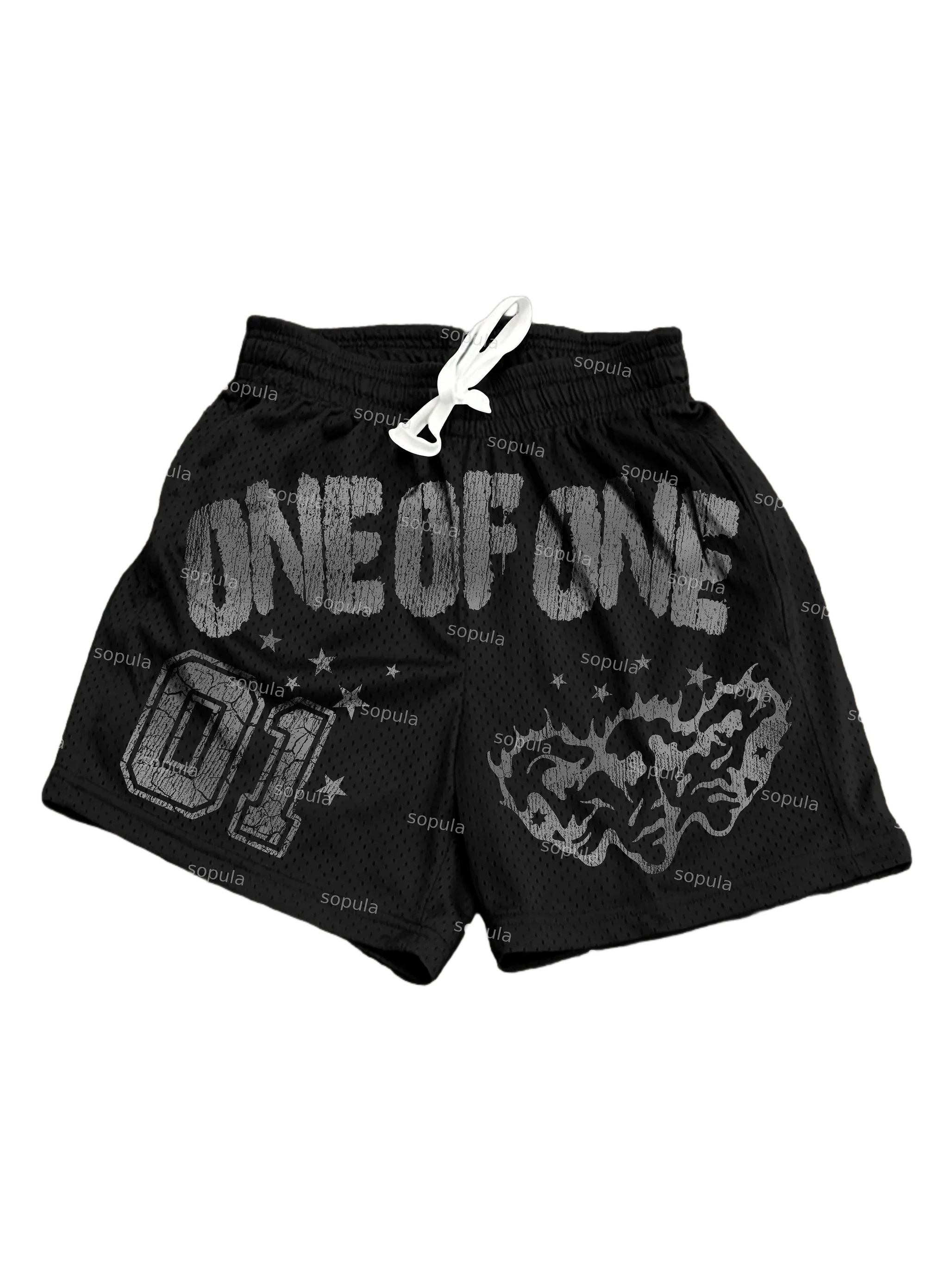 Summer Hot Trend Vintage Cracked Skull Star Print Mesh Basketball Shorts Quick Dry White Drawstring Streetwear Five Point Shorts