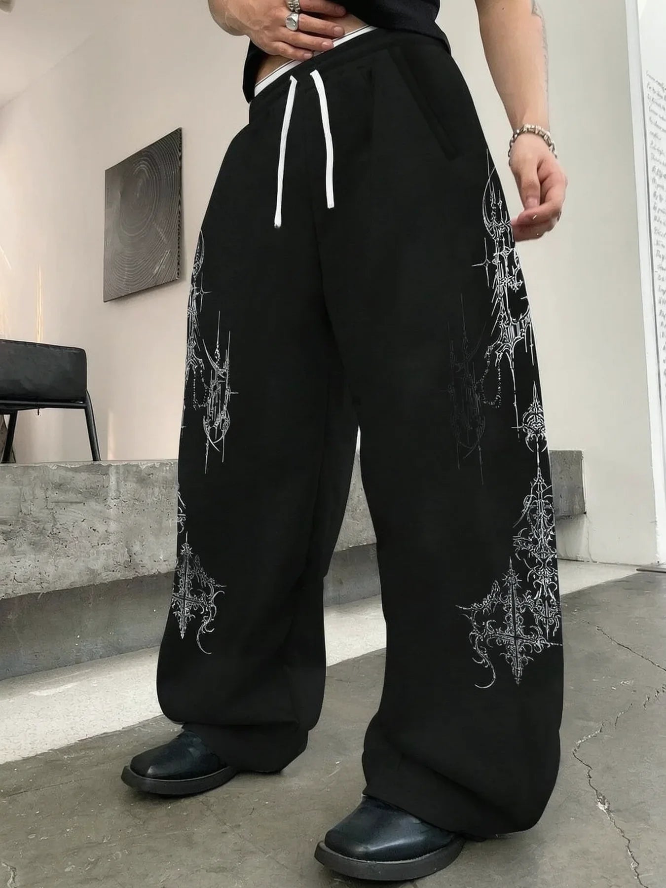 Y2K Gothic Dragon Print Loose Wide Leg Sweatpants Drawstring Trousers Unisex Casual Streetwear Sports Joggers Pants Wear