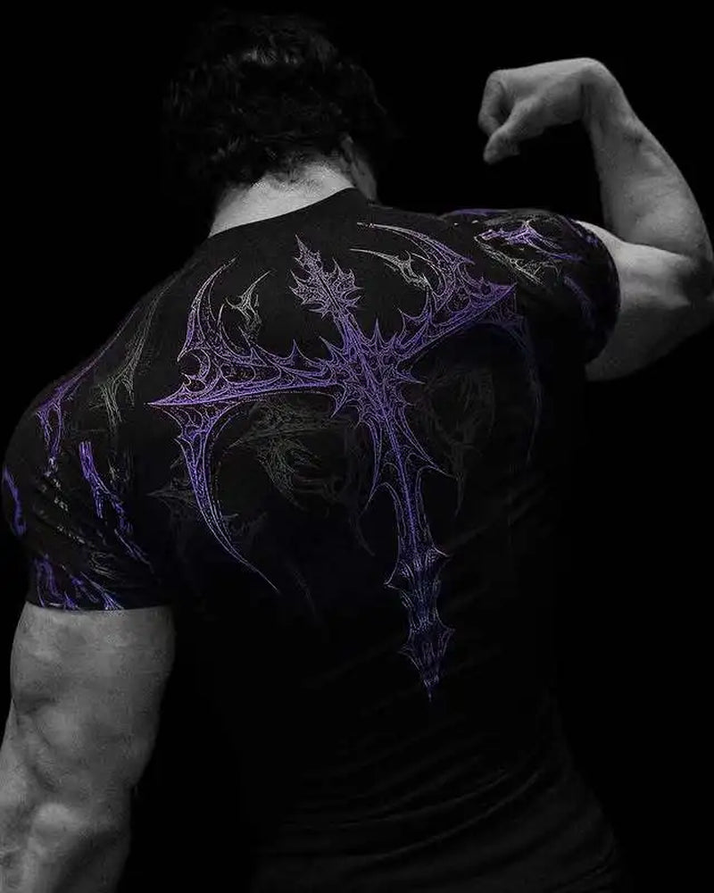 New Summer GYM T-Shirt Men'S Gothic Print Muscle Tee High Elasticity and Quick Drying Exercise for Bodybuilding Training T-Shirt