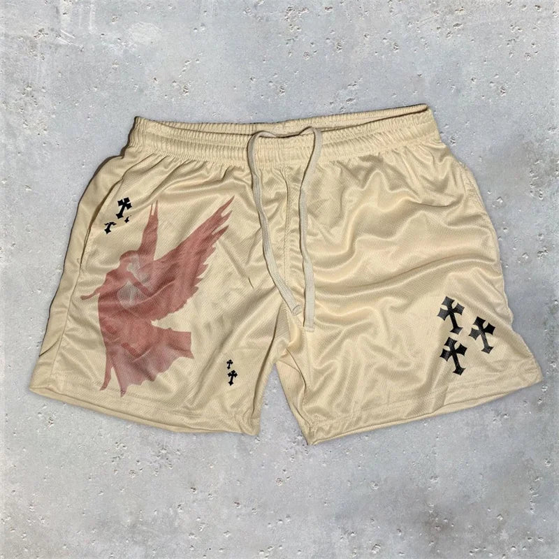Y2K Christian Angel Cross Print Gym Shorts for Men Active Track Shorts with Pockets Athletic Workout Training Running Jogging