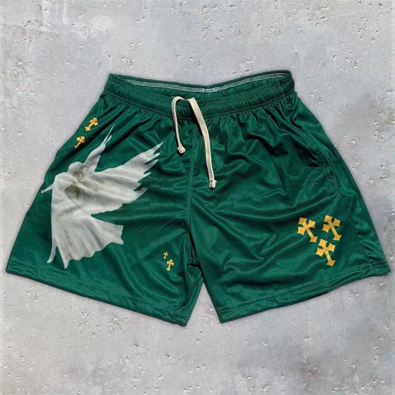 Y2K Christian Angel Cross Print Gym Shorts for Men Active Track Shorts with Pockets Athletic Workout Training Running Jogging