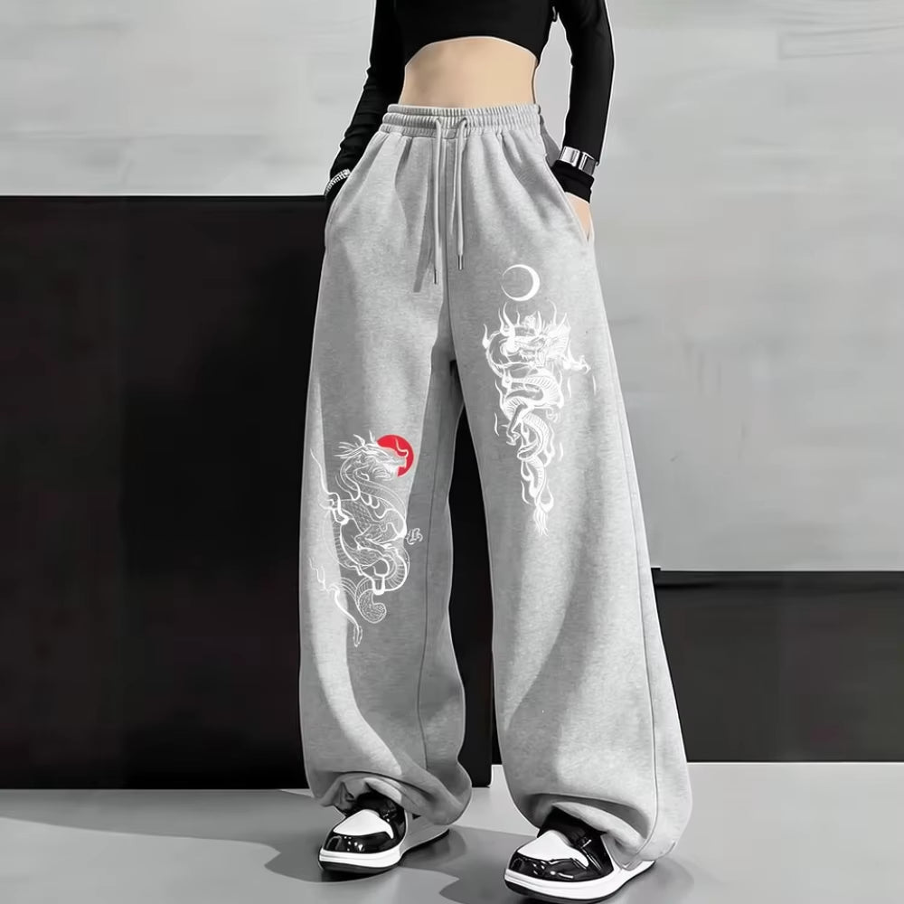 Y2K Gothic Dragon Print Loose Wide Leg Sweatpants Drawstring Trousers Unisex Casual Streetwear Sports Joggers Pants Wear