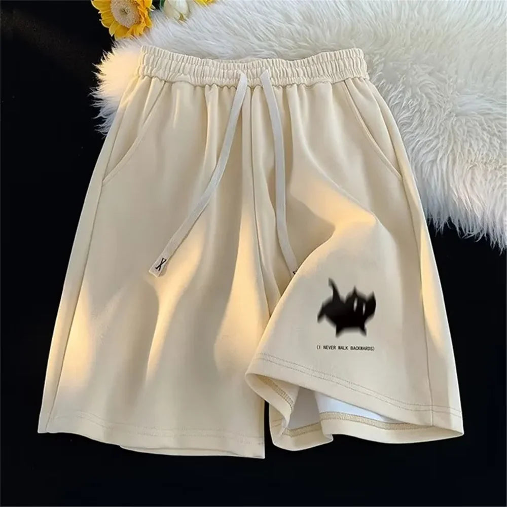 Oversized Shorts Women Gaussian Blur Scares Kittens Print Short Y2K Street Couple Five-Point Elastic High Waist Basketball Short