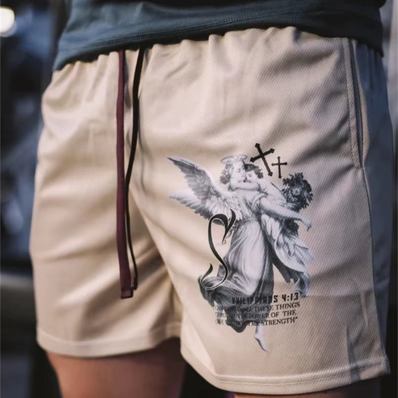 Y2K Christian Angel Cross Print Gym Shorts for Men Active Track Shorts with Pockets Athletic Workout Training Running Jogging