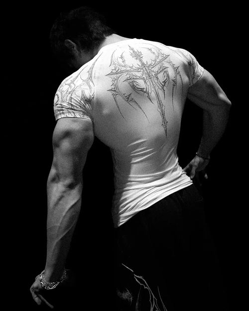 New Summer GYM T-Shirt Men'S Gothic Print Muscle Tee High Elasticity and Quick Drying Exercise for Bodybuilding Training T-Shirt